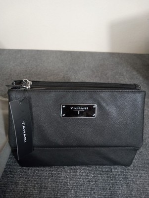 Tahari Black Pyramid Traveling Cosmetic Carry Case Bag New Preppy Elegant Casual
