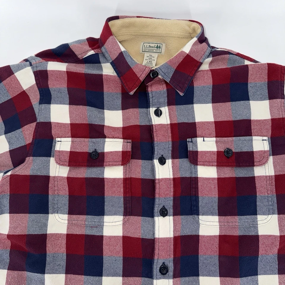 Camisa de franela forrada de lana L.L.Bean para hombre grande roja azul a cuadros forrada de peso pesado Foto 3 de 4