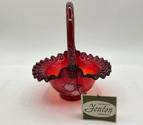 Fenton Art Glass Ruby Red Hand-Painted White Flowers Crimped Edge Basket SIGNED