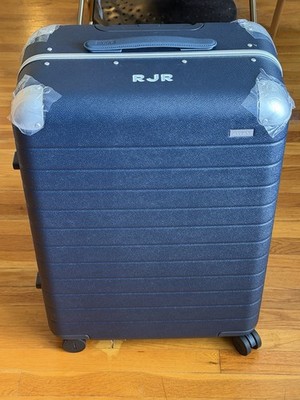 Away Aluminum Edition Medium Checked Luggage Navy Blue   Personalized  Brand New