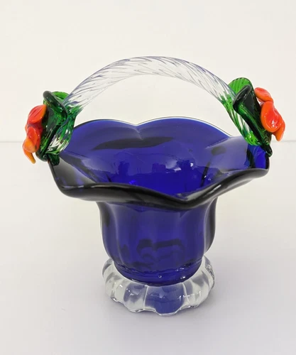 Murano Cobalt Blue Art Glass Basket with Applied Orange Flowers Clear Handle 6”