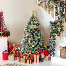 4.5-9 FT Pre-Lit Snow Flocked Artificial Christmas Tree Full Hinged Pine Cones