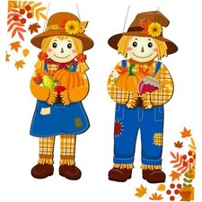 2Pcs Fall/Thanksgiving Scarecrow Sign Decorations Outdoor for Front Door -
