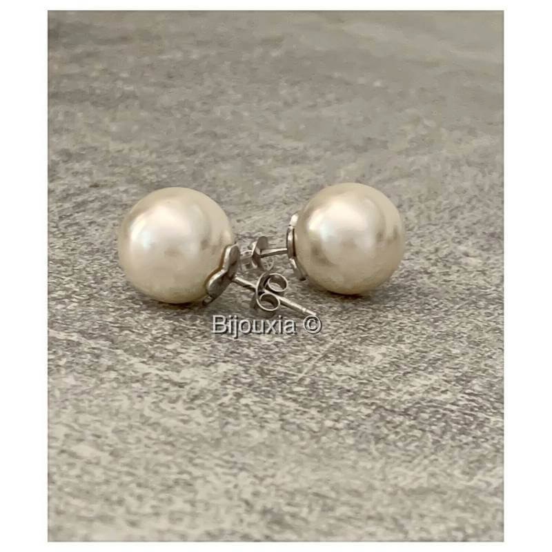 Boucles d'oreilles grandes perles 14mm en argent 925 massif pour femme chic