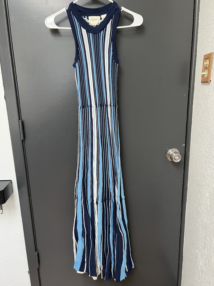 anthropologie maeve dress blue Anthropologie Maeve Lisanne Sweater Maxi Dress Blue Striped Tiered Slip Sz  XS