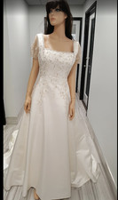 WJ 3805 is A-line skirt, short sleeves, 12 bridal dress, chapel train.