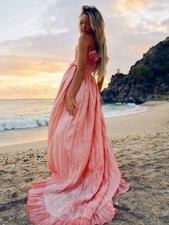 LoveShackFancy Katrina Sunrise Sorbet Ruffle Pleated Crinkle Maxi Dress size 8