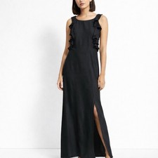 A NEW DAY Black Satin Ruffle Sleeve Maxi Dress Side Slit Womens XS