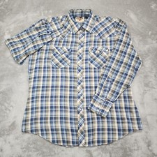 Youngbloods Shirt Mens L Blue Plaid Western Pearl Snap Long Sleeve Cowboy Rodeo