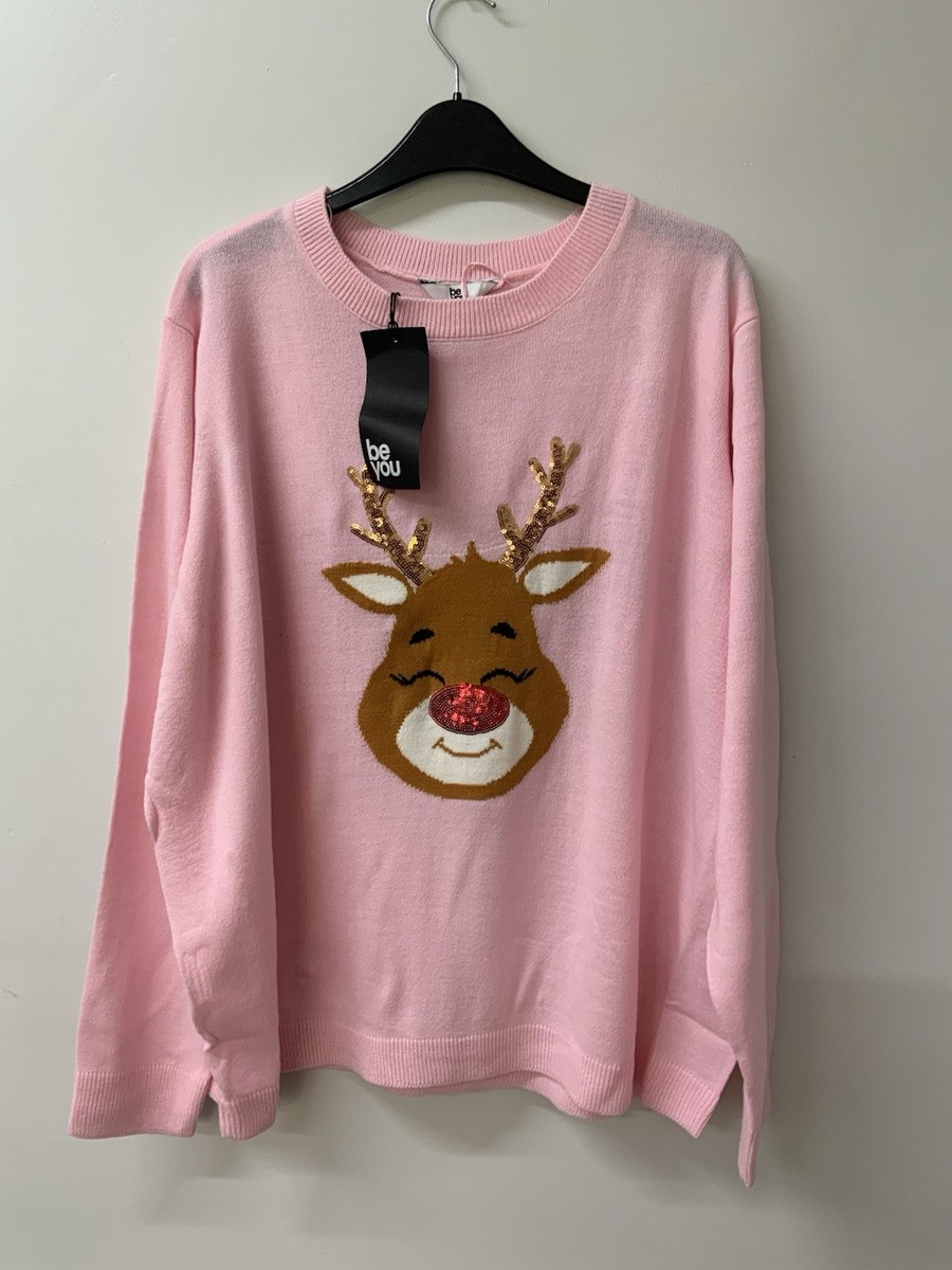 Christmas Jumper Size 20 22 Ladies Pink Reindeer Be You Sweater Top New
