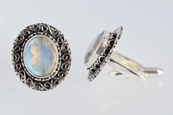 Gemelli in argento 925 ossidato pietra di luna arcobaleno naturale gioiello... - Immagine 2 di 4