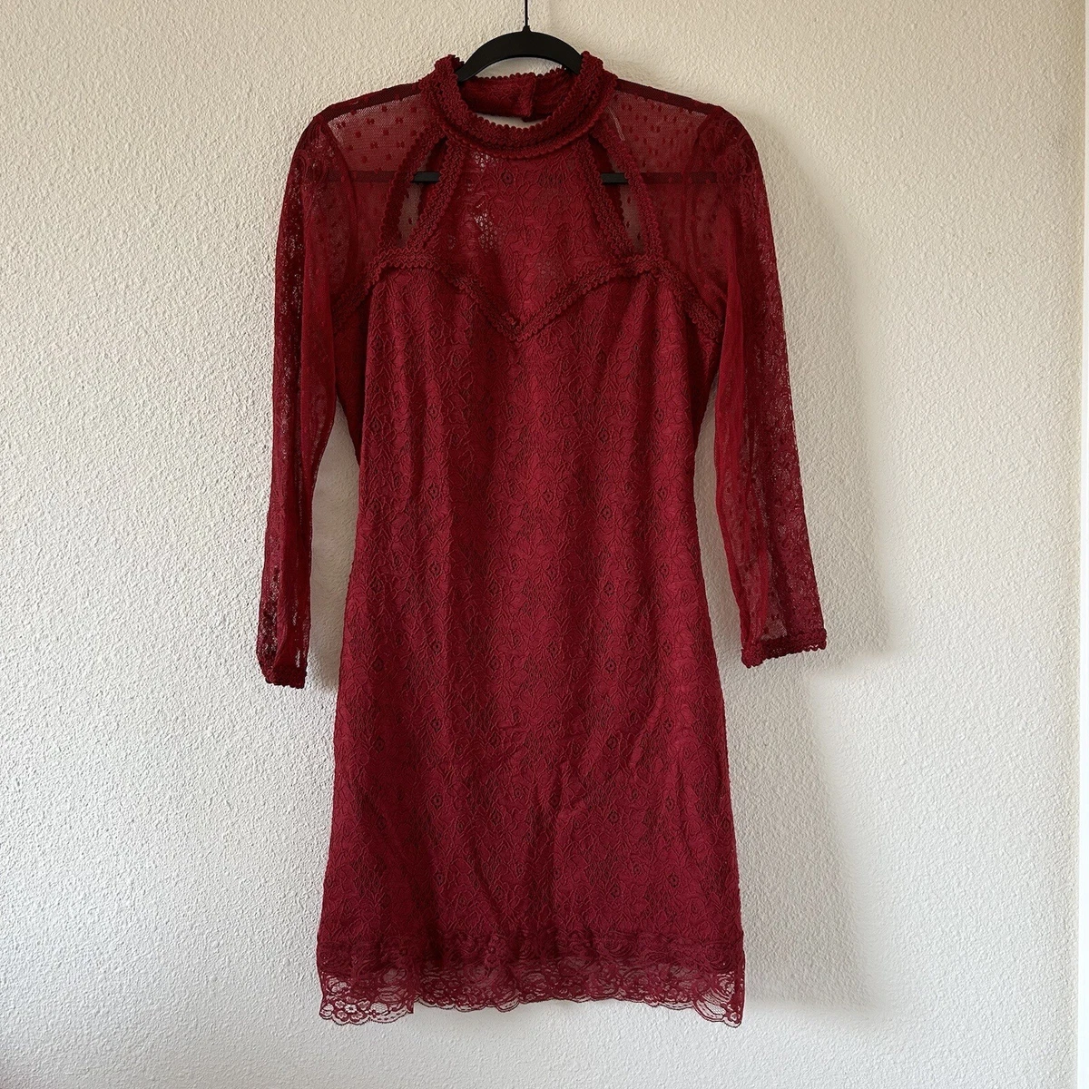 FREE PEOPLE Mesh Floral Polka Dot Lace Mock Neck Red Dress Women Size Large