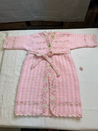 Handmade Crochet Child's Bath Robe Pink Little Girl Small 27” Long 28” Chest - Picture 3 of 6