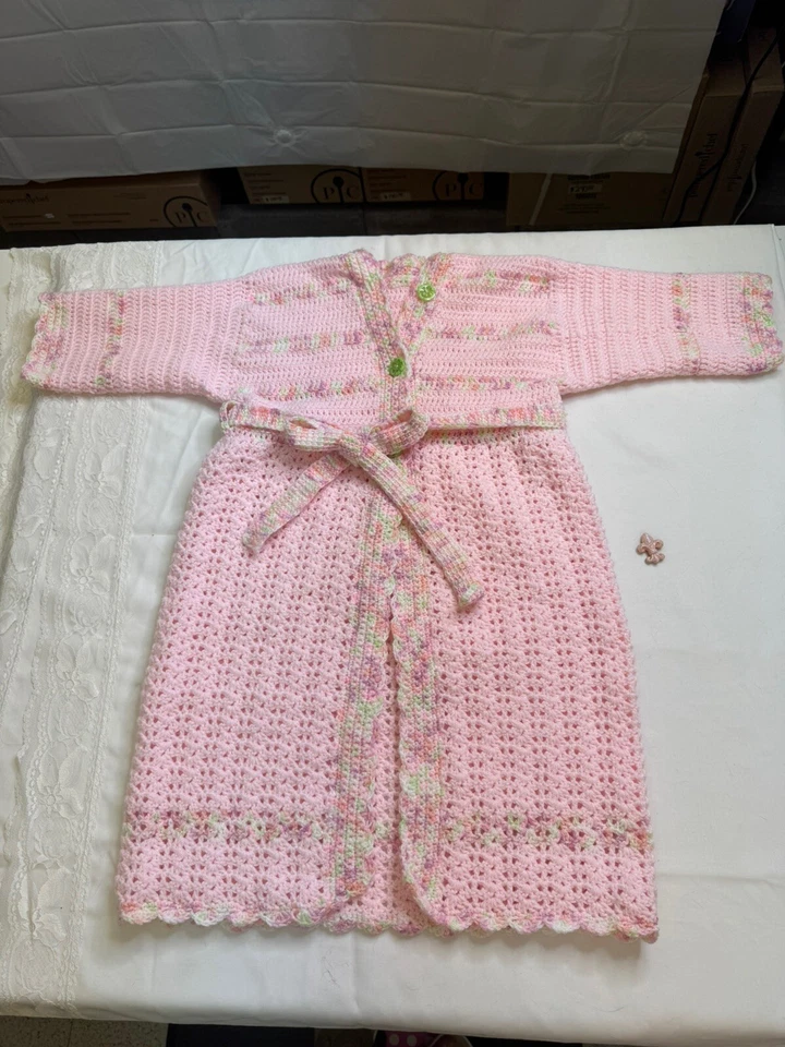 "Bata de baño infantil de ganchillo hecha a mano rosa niña pequeña 27"" largo 28"" pecho" Foto 3 de 4