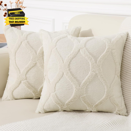 Throw Pillow Covers 18X18 Inch Set of 2, Soft Plush Faux Fur Wool Beige Couch Pi