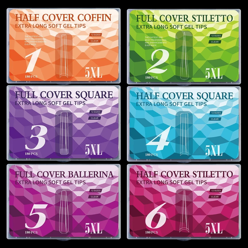 180pcs 5XL Extra Long Coffin/Stiletto/Square/Ballerina Soft Gel Nail Tips Clear - Image 4 of 4