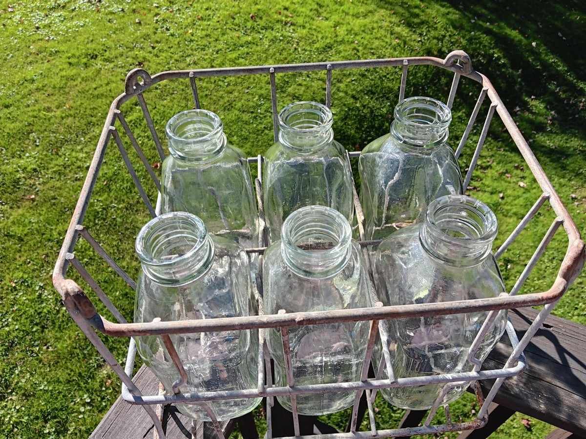 Vintage Wire Metal Milk Crate With Six Half Gallon Glass Bottles