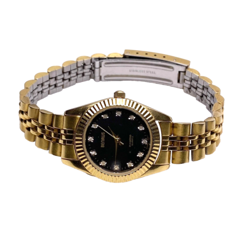 BENRUS VINTAGE LADIES 12 GENUINE DIAMONDS BLACK DIAL GOLD TONE BRACELET ~ RARE!