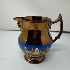 Staffordshire Pottery Copper Lustre Ware Jug Large 6 Inch Tall Blue Paint Floral