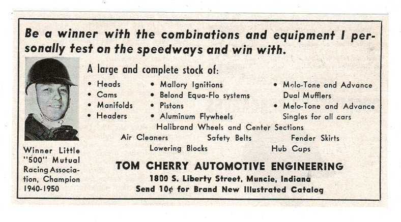 1951 TOM CHERRY Automotive Engineering Speed shop Auto parts Muncie Vintage Ad