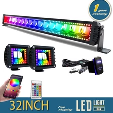 32" LED Offroad Light Bar RGB Halo Chasing + 2x 4" RGB Work Halo Cube Pods