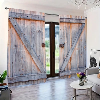 2 Panels 3D Vintage Barn Door Curtains Window Drapes for Bedroom Living Room