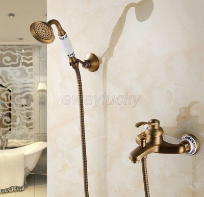 Antique Brass Wall Mount Bathroom Tub Faucet Single Handle w/ Hand Shower Spray