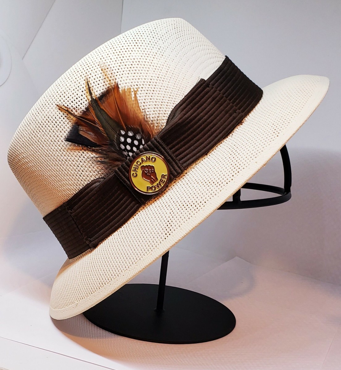 Khaki Classic Custom Lowrider Derby Snapbrim Hat Chicano Power lapel pin