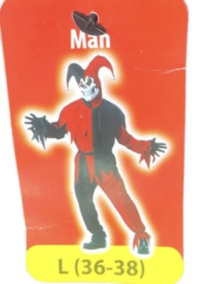 Evil Jester Costume Mens Large 36-38 Halloween Cosplay Hood + Mask + Outfit NEW