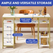 Marble Countertop Texture Manicure Table Nail Station w/ 3 Drawer & Open Shelves