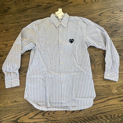 COMME DES GARCONS Play Red Heart Patch Blue & White Button Shirt Size Med ~ NWT