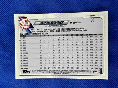 2021 #96 Aroldis Chapman Topps Chrome Baseball New York Yankees - Picture 2 of 2
