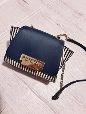 Zac Posen Striped Blue/White Small Crossbody Bag Gold Chain Turn Lock