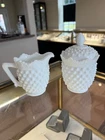 Vintage Fenton White Hobnail Creamer and Lidded Sugar Set