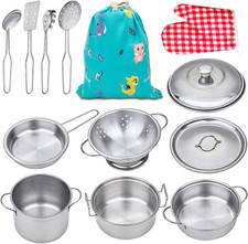 Play Pots and Pans Sets for Kids, Stainless Steel Cookware Toys Gift Set for Chr