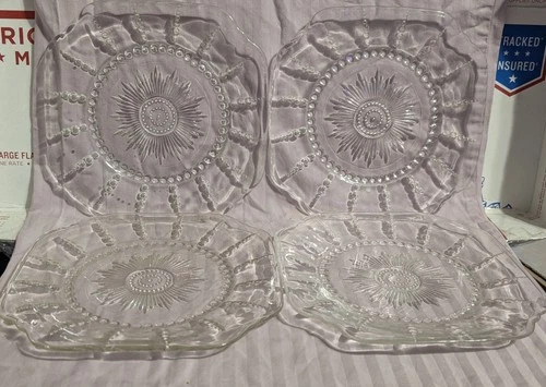 Set of 4 Vtg Federal Glass Columbia Clear Square Depression 9" Luncheon Plates