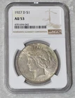1927 D PEACE 90% SILVER $1 DOLLAR NGC CERTIFIED AU 53 AU53 DENVER USA MINT COIN