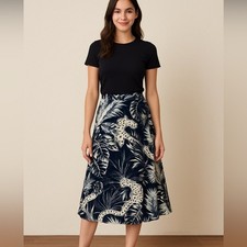 FARM RIO Black and White Tropical Cat MIDI Skirt Tropical Print Women's Skirt