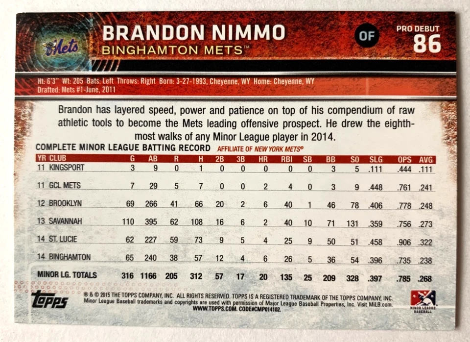 BRANDON NIMMO ROOKIE • 2015 Topps Pro Debut #86 • SHARP NEW TEXAS RANGERS RC!!! - Image 3 of 4