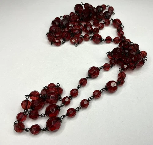Vintage Silvertone & Faceted Red Lucite Beaded Necklace