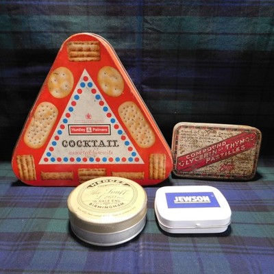 Set Vintage Dosen Huntley & Palmer / Glycerin von Thymol / Hecken Schnupftabak (leer)