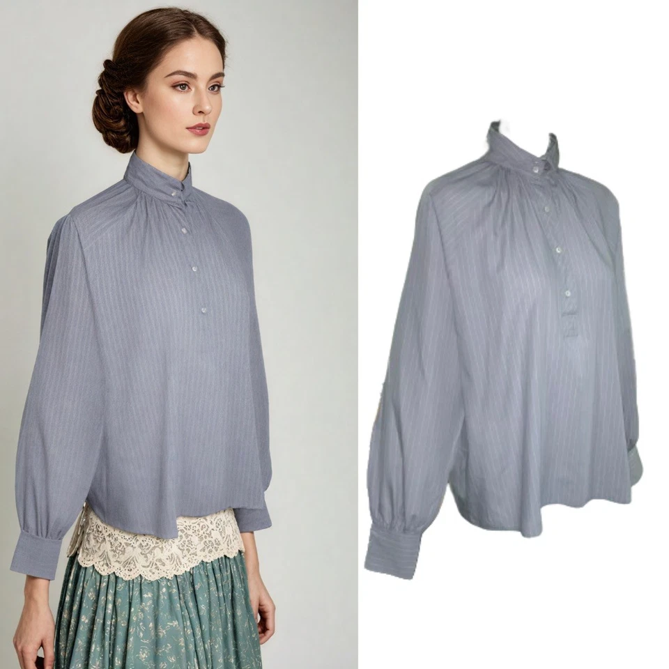 VINTAGE 70s 80s Shirt Blouse Peasant Edwardian Victorian Revival Cotton Grey 14 - Image 4 of 4