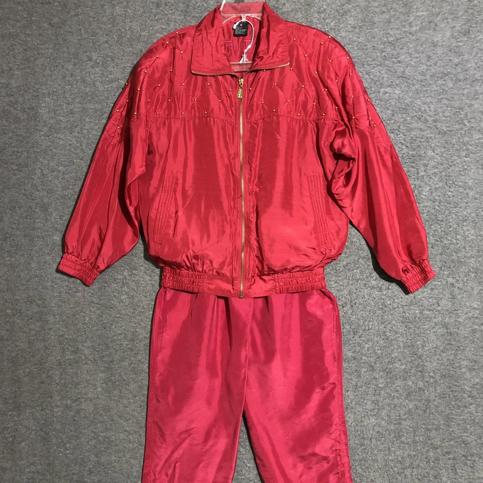 Chándal deportivo vintage FU DA para mujer S rojo 100 % seda con cuentas chaqueta pantalones años 90 Foto 2 de 4