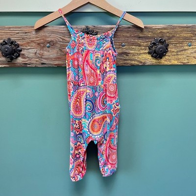 Posh Peanut Kids Paisley Floral Smocked Sleeveless Romper Multi-Color 6-12M
