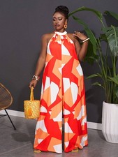 Women Plus Size Sleeveless Geometric Print Wide Leg Jumpsuit