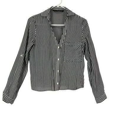 ZARA BASIC Black White Stripe Button Up Shirt Blouse Womens XS Roll Tab Sleeve