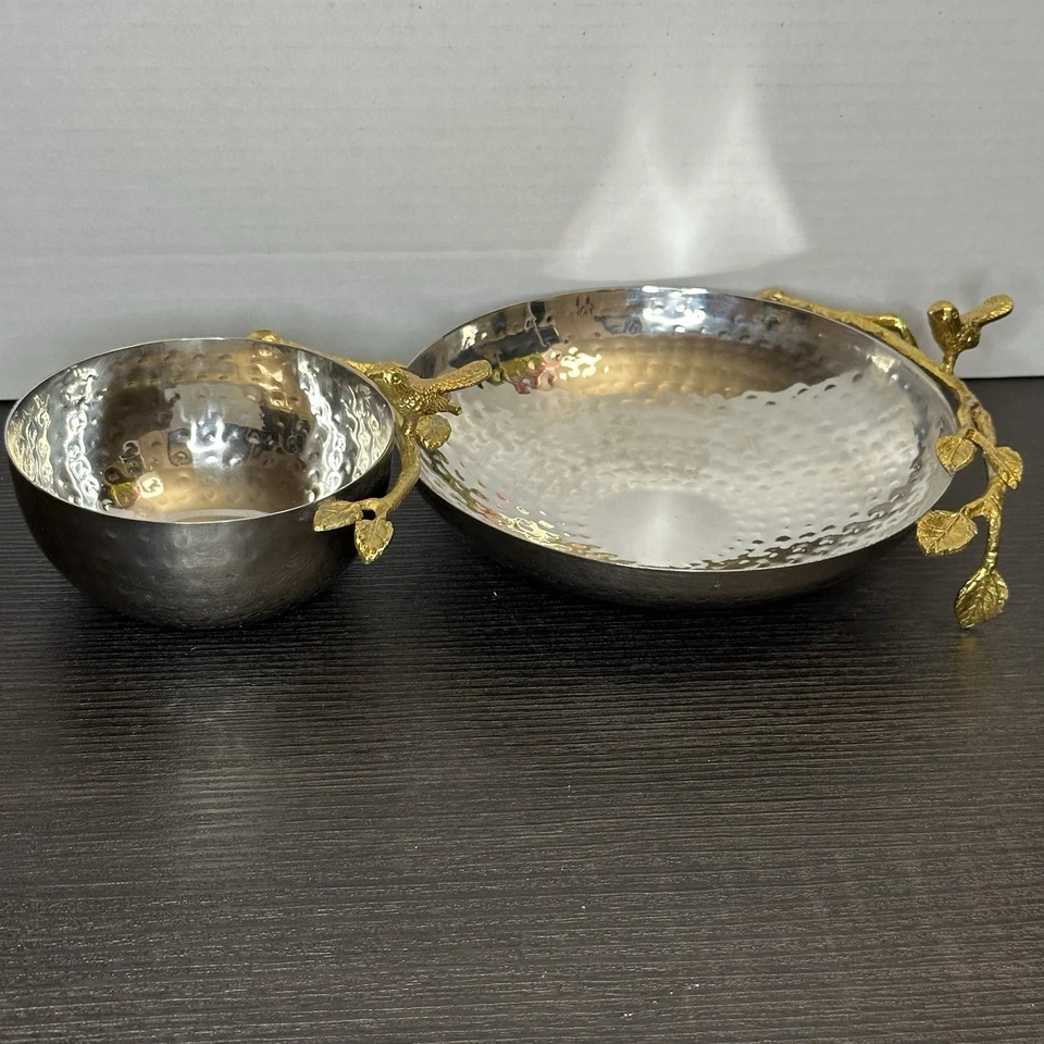 Cuencos de acero inoxidable martillados hechos a mano color oro/plata pájaros y ramas Foto 2 de 4
