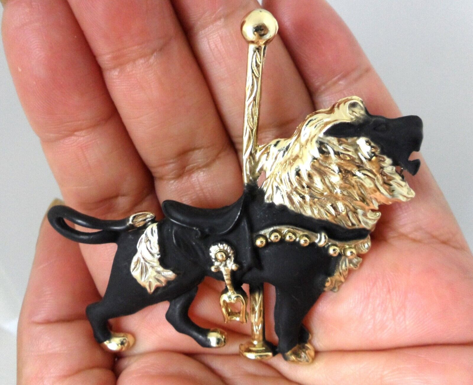 Victorian Carousel Lion Brooch Matte Black & Gold… - image 7