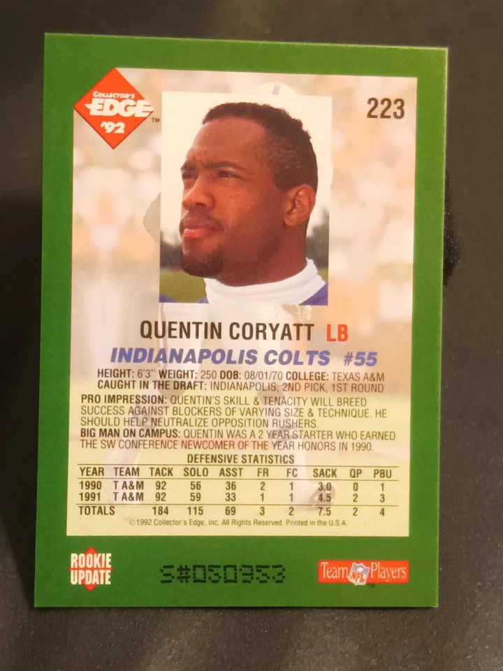 1992 Collector's Edge ⭐Limited Print #050953⭐#223 Quentin Coryatt (RC) Colts - Image 2 of 2