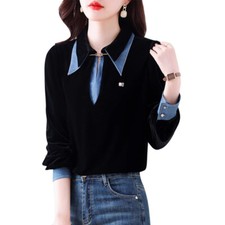 Mujeres Mangas Largas Terciopelo Empalme Denim Prendas para el torso Blusa Informal Denim Camisas